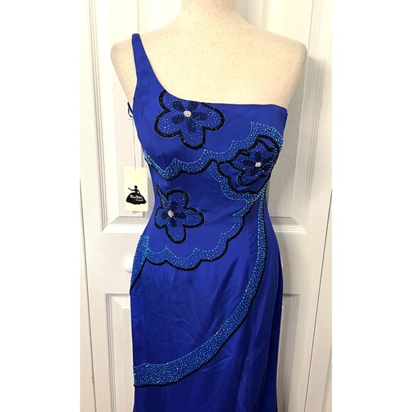 Vtg MIKE BENET FORMALS Sz 8 100% Silk Long Gown Dress Blue Floral Beaded Prom - Picture 6 of 14